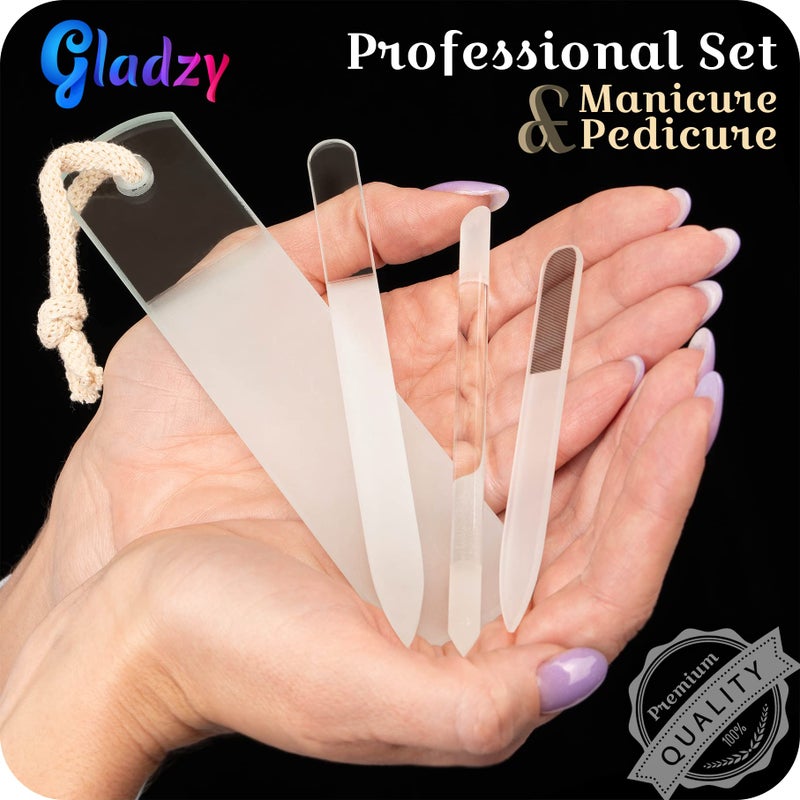 GLADZY Czech Glass Nail File Set - Multifunctional Nail Shiner Buffer, Callus Remover Foot Rasp, Glass Cuticle Pusher Manicure Stick, Etched Surface, Professional Nail Care Tool, Made in EU - Image 2